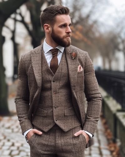 Brown Wool Vested Suit
